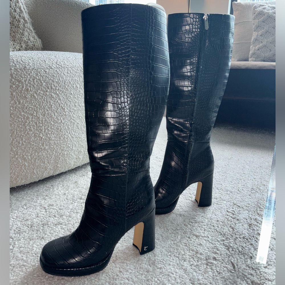 Black Croc-Embossed Knee-High Boots